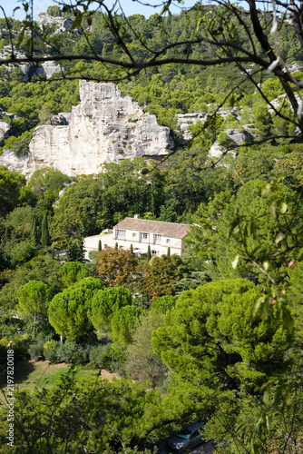 Fotografie Dense pine and broadleaf trees surround a hillside french style house