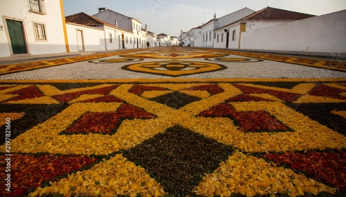 Flower Carpet Made of Petals for Religious Procession in Portuguese Village