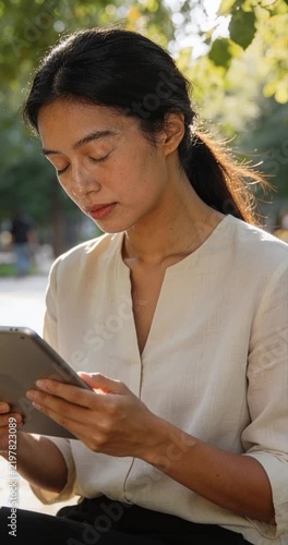 Woman using tablet outdoors sunlight daytime