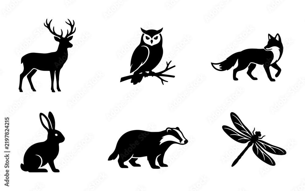 Fototapeta premium Forest Wildlife Icons: Deer, Owl, Fox, Rabbit, Badger, Dragonfly Silhouettes