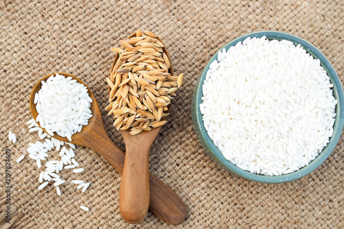 Top view of paddy rice and white jasmine rice in wooden spoon and ceramic bowl on burlap texture background.