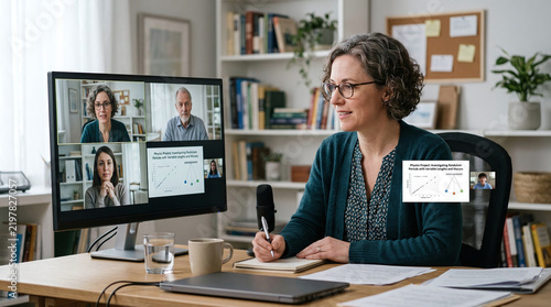 Professional woman attending online video conference meeting on computer