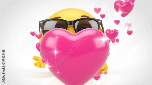 Cool 3D yellow emoji with sunglasses blowing a kiss with floating pink hearts and winking on isolated white background
