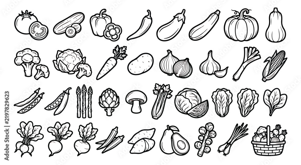 Obraz premium Minimalist vegetable line icons set, black and white organic food vector illustrations, 36 garden produce symbols for grocery and menu design
