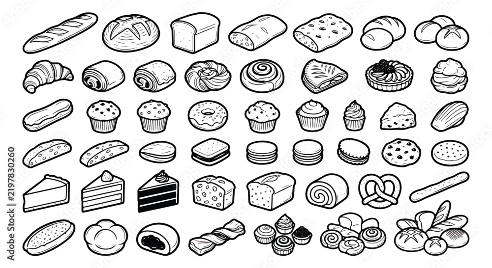 Fototapeta premium Minimalist bakery icons set, hand drawn bread and pastry vector illustrations, black and white outline doodle collection for cafe menus and food branding