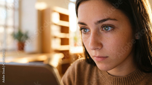 Young woman focused on digital tablet screen in bright room