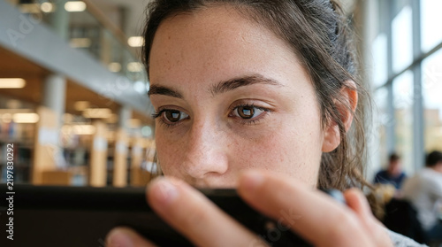 Young woman looking at digital tablet screen indoors with soft ambient light
