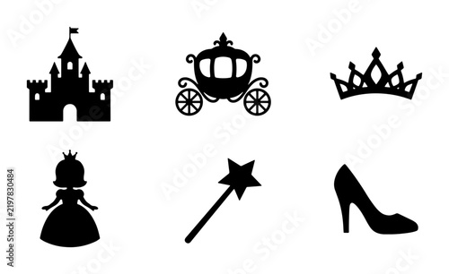 Princess Castle Carriage Crown, Fairy Tale Icons Vector Set