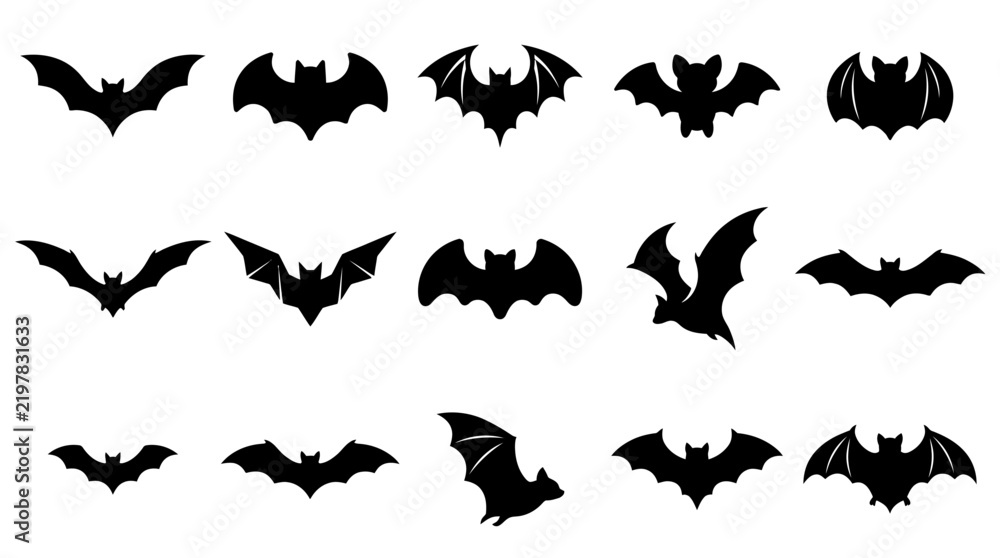 Fototapeta premium Halloween black bat silhouettes set on white background