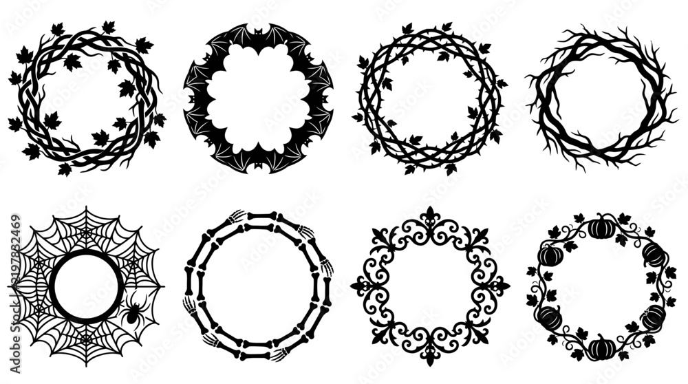 Fototapeta premium Halloween wreath set, spooky black borders and frames, vector isolated