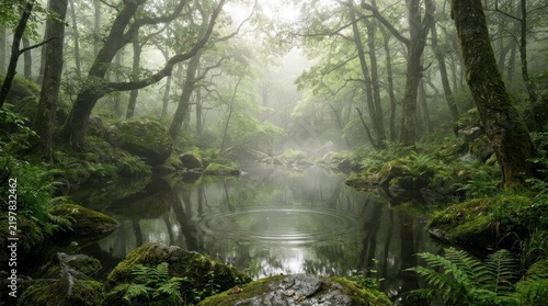 Reflective forest pond in heavy morning mist.