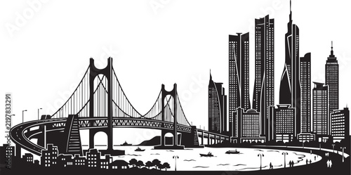 Adobe Illustrator Artwork of Busan South Korea Skyline Silhouette with Coastal Suspension Bridge and Waterfront Skyscrapers