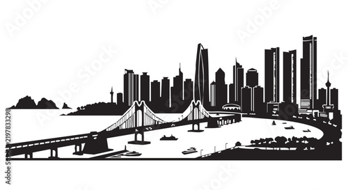 Adobe Illustrator Artwork of Busan South Korea Skyline Silhouette with Coastal Suspension Bridge and Waterfront Skyscrapers