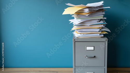 Office filing cabinet overloaded with stacks of paperwork and documents