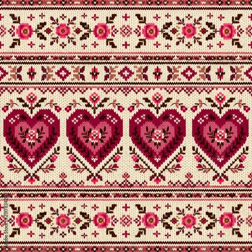 Scandinavian folk knit pattern with romantic floral hearts and traditional rose motifs in pink and brown. Seamless cozy textile background for Valentine's Day or winter crafts.