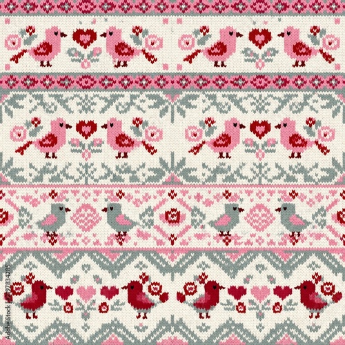 Scandinavian folk art jacquard knit pattern featuring charming pink and red birds, hearts, and flowers in a seamless horizontal stripe design for Valentine's Day textile prints.