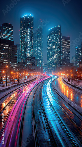 Night city skyline with glowing data streams representing fast internet and digital transformation.
