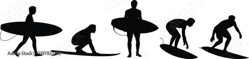 Set of black silhouettes of surfers in various poses, including standing with boards, crouching, and preparing to ride waves, isolated on a white background, for use