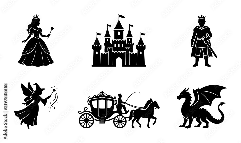 Obraz premium Fairytale Icons: Princess, Castle, King, Fairy, Carriage, Dragon Silhouettes for Fantasy Designs