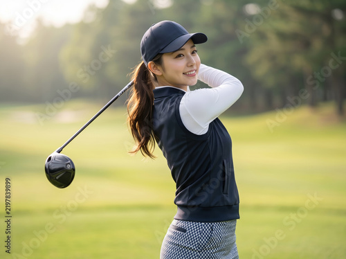 ゴルフ場でドライバーショットのフィニッシュを決め笑顔を見せる女性