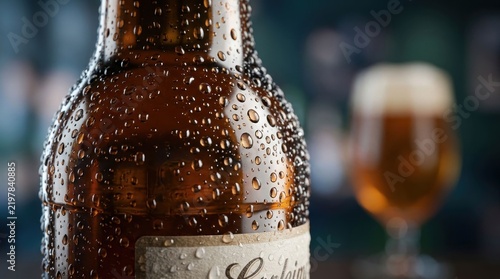 Close up of a cold beer bottle with condensation and a blurred glass of beer in the background.