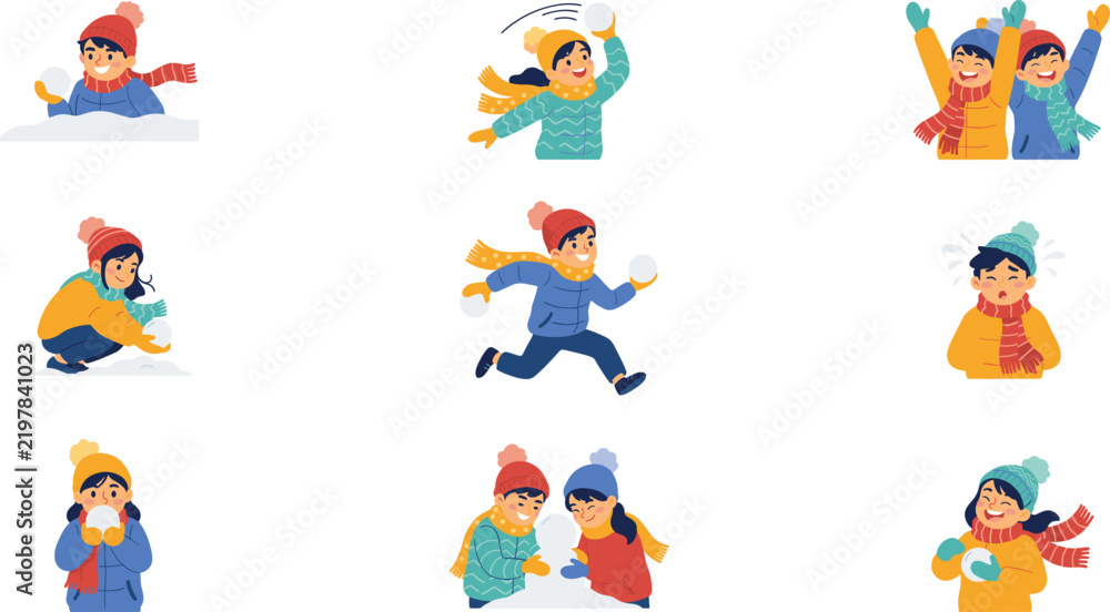 Fototapeta premium Cheerful Children Playing Winter Snowball Fight Vector Set with Kids Throwing Snowballs Running Making Snowman and Expressing Happy Holiday Emotions