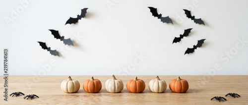 Halloween decor: pumpkins, bats, spiders on white background