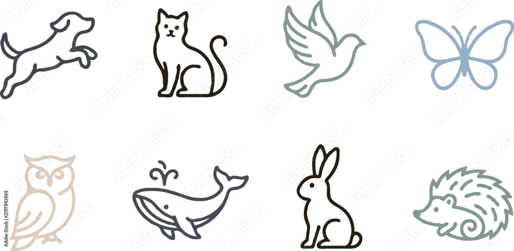 Obraz premium Minimalist line art vector icons of six animals performing natural poses with clean white backgroundPrint