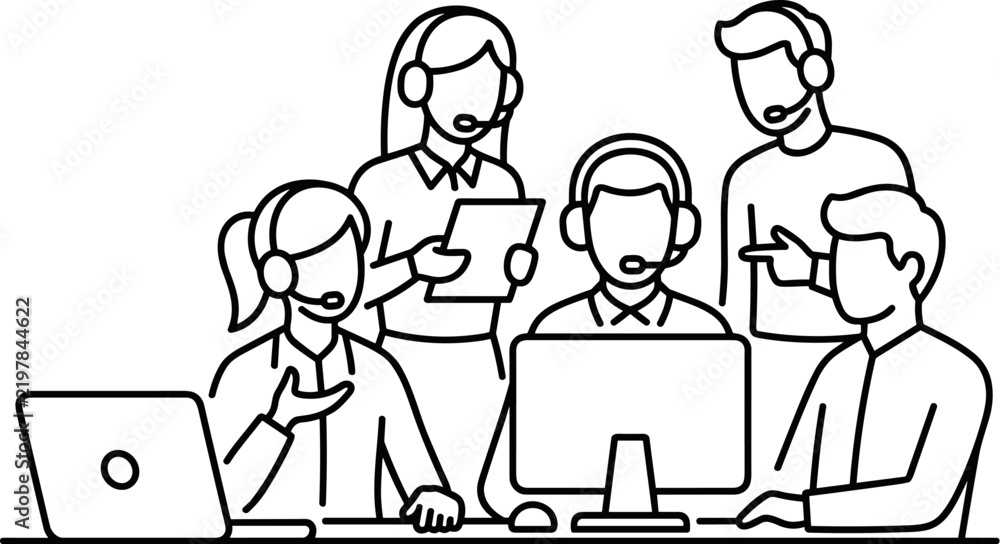 Fototapeta premium Customer Service Team Working Together with Computers and Headsets