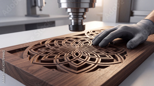 Precision CNC milling machine carving an intricate geometric mandala pattern into a dark wood panel, automated woodworking technology in a modern industrial workshop with a craftsman's hand.