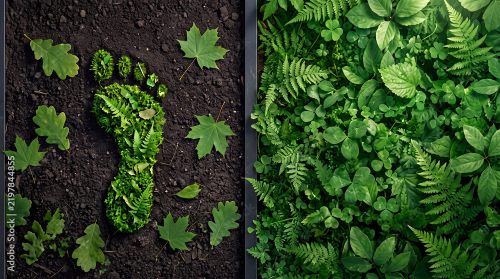 Fototapeta premium Ecological footprint concept featuring a human foot shape made of green moss and ferns on dark soil next to a lush green forest ground, representing carbon footprint and environmental conservation.