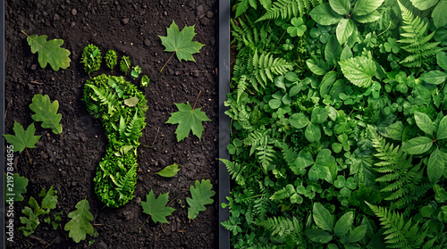 Ecological footprint concept featuring a human foot shape made of green moss and ferns on dark soil next to a lush green forest ground, representing carbon footprint and environmental conservation.