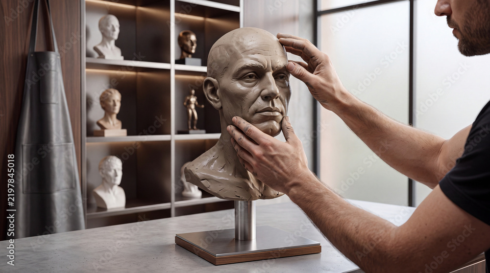 Fototapeta premium Professional Male Sculptor Carefully Shaping and Detailing a Realistic Clay Human Head Bust in a Modern Art Studio Workshop, Focusing on Fine Artistic Craftsmanship and Creative Process