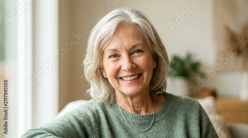 
Smiling elderly woman with short gray hair, wearing a green knitted top.