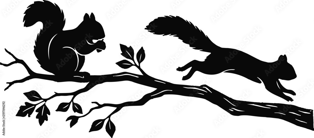 Obraz premium A vintage black and white illustration depicts two playful squirrels on a tree branch one is sitting calmly while the other is