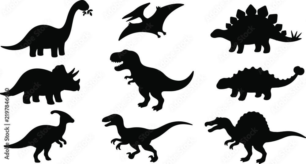 Obraz premium Black silhouettes of many different prehistoric dinosaurs such as a t rex triceratops pterodactyl and brachiosaurus are shown on a plain white