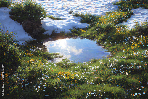Spring Thaw: A small pool of meltwater reflects a cloudy sky amidst a vibrant meadow awakening from winter's slumber, with patches of snow still lingering.