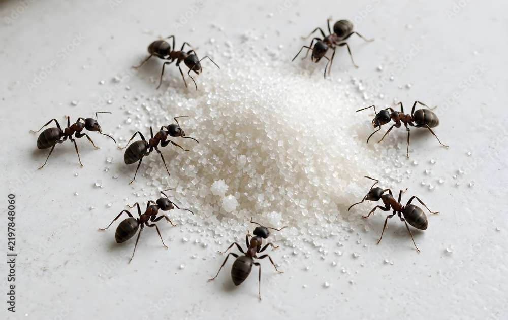Fototapeta premium Sugar on the floor swarming with ants.