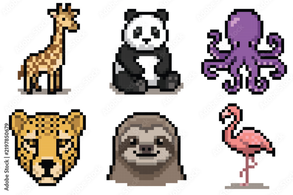 Fototapeta premium Pixel Art Cute Wild Animals Set