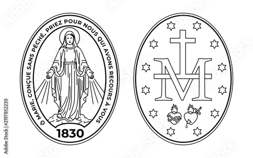 Miraculous Medal, Outline, front and back sides, Blessed Virgin Mary, Catholic Religious Vector Illustration