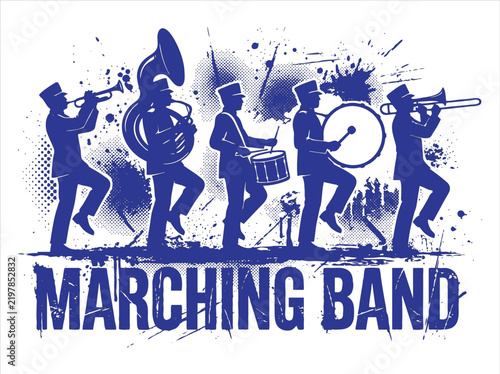 Quadro su tela Marching band silhouette vector, blue musical parade musicians with instruments,