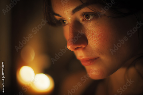 A Woman's Contemplation: A close-up portrait of a woman with a pensive expression, illuminated by the soft, flickering light of a nearby candle, evoking a sense of quiet reflection and inner thought.