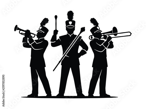 Foto Marching band silhouette vector, brass musicians and drum major in uniform, para