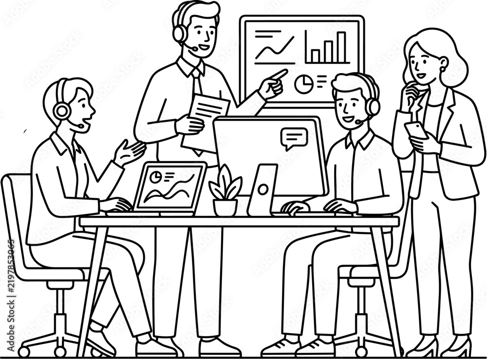 Fototapeta premium Teamwork in office customer service agents working with computers and charts