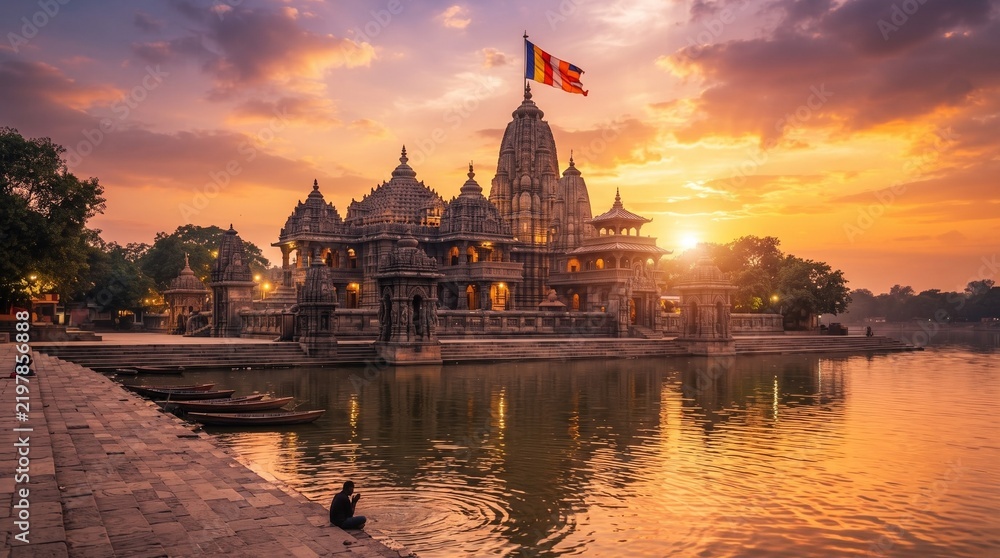 Fototapeta premium Dwarkadhish Temple Dwarka Golden Hour – Iconic Coastal Hindu Temple