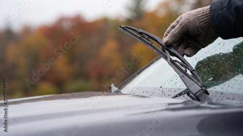 Checking windshield wiper blade in rainy autumn