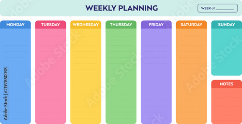 Colorful weekly planner layout with days of the week and notes section design