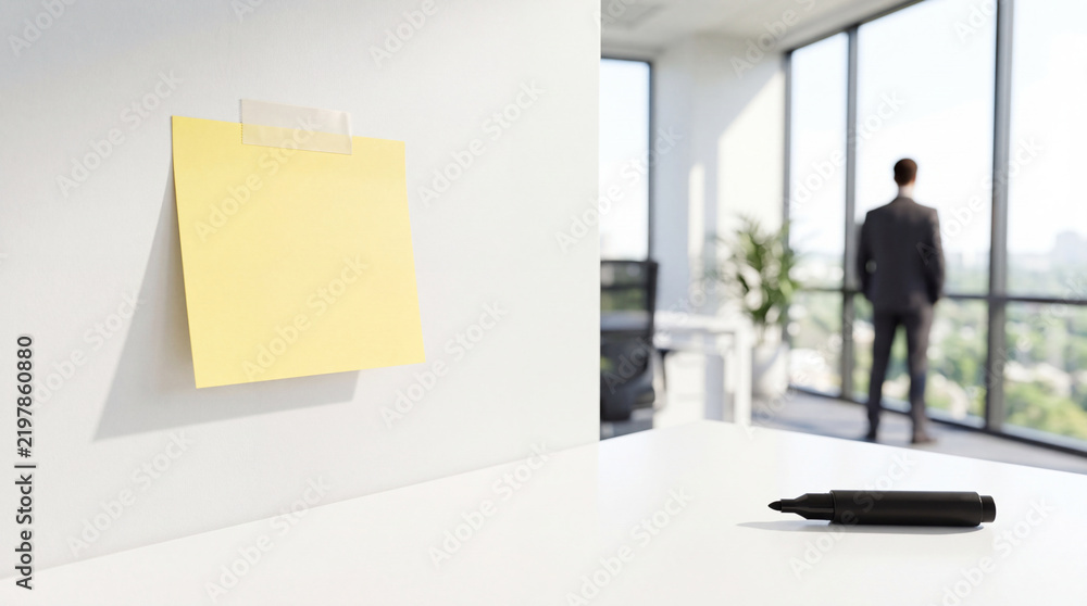 Obraz premium Blank yellow sticky note taped on a white wall in a modern office environment with a businessman looking out the window in the background, concept for planning, brainstorming, and future goals.