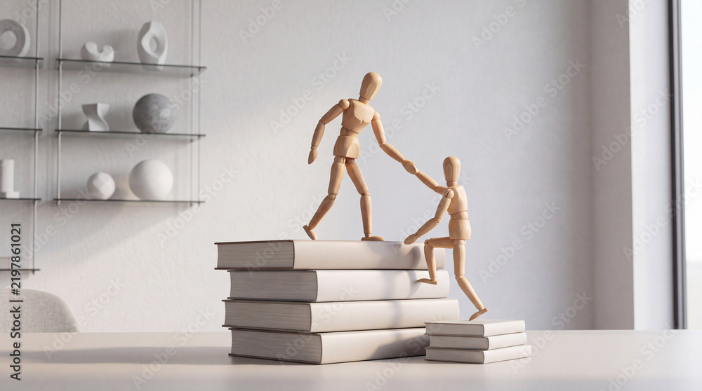 Obraz premium Wooden Articulated Mannequins Representing Mentorship and Support While Climbing a Stack of Books for Education, Knowledge, and Career Success in a Minimalist Modern Interior Setting