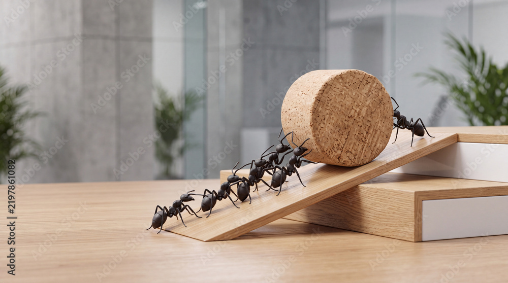 Obraz premium Group of black ants working together as a team to push and carry a heavy wooden cork up a ramp in a modern office environment, symbolizing teamwork, cooperation, and collective business effort.